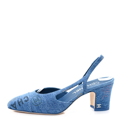 Chanel Denim Printed Mood Cap Toe CC Slingback Pumps 36.5 Light Blue Multicolor 1 of 9