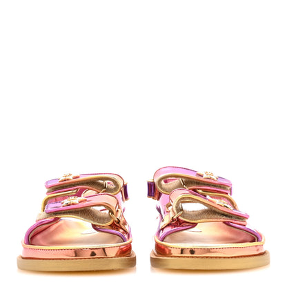 Chanel Metallic Laminated Calfskin Crystal Star CC Velcro Dad Sandals 37.5 Pink Orange Yellow 3 of 8