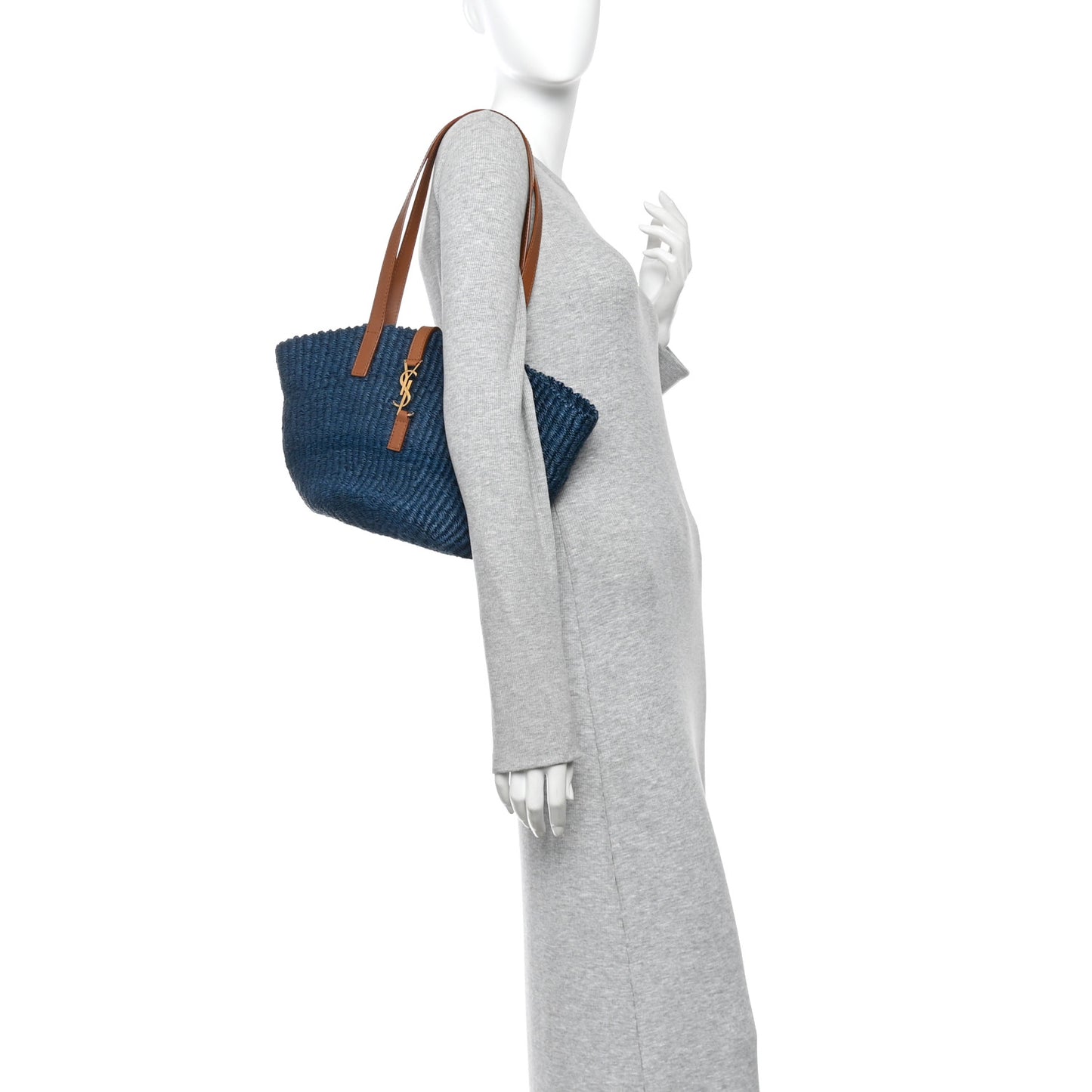 Raffia Calfskin Small Panier Tote Blue