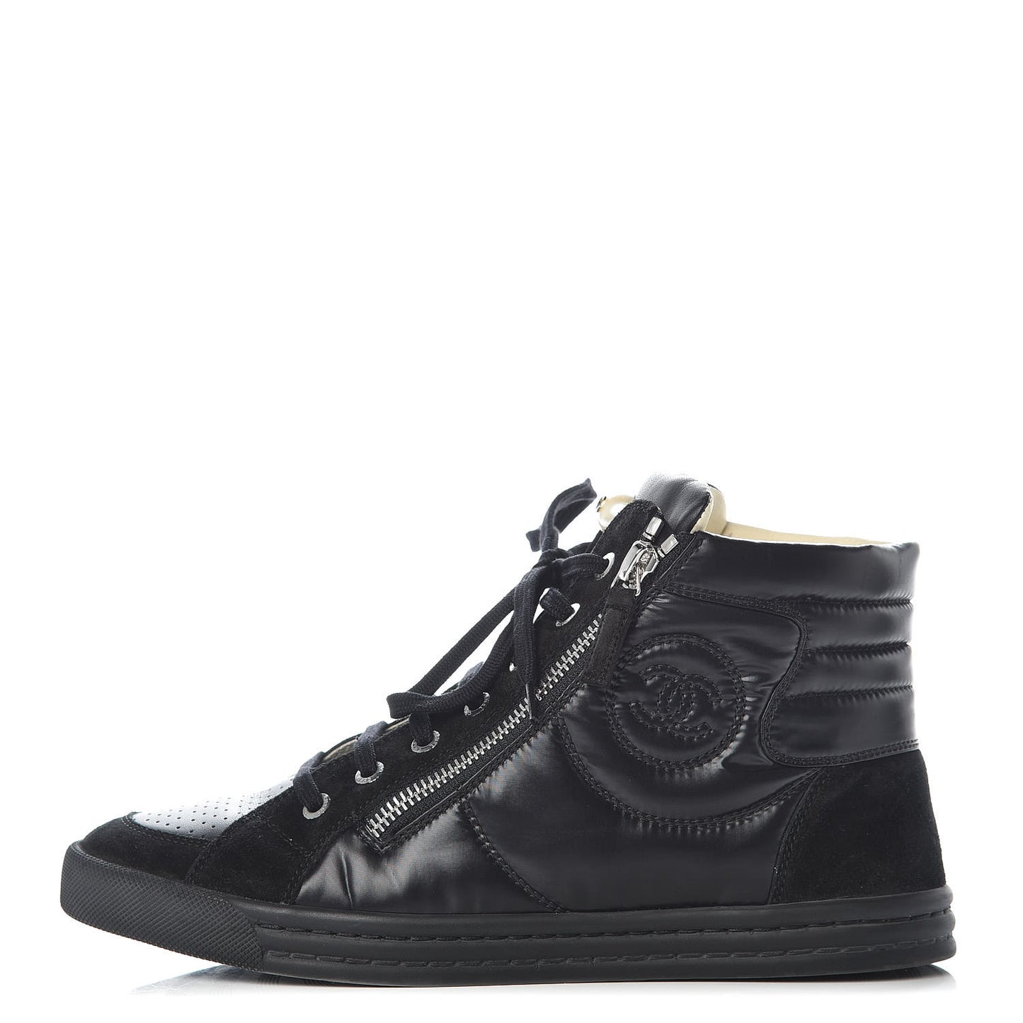 Calfskin Suede Zipped High Top CC Sneakers 38 Black