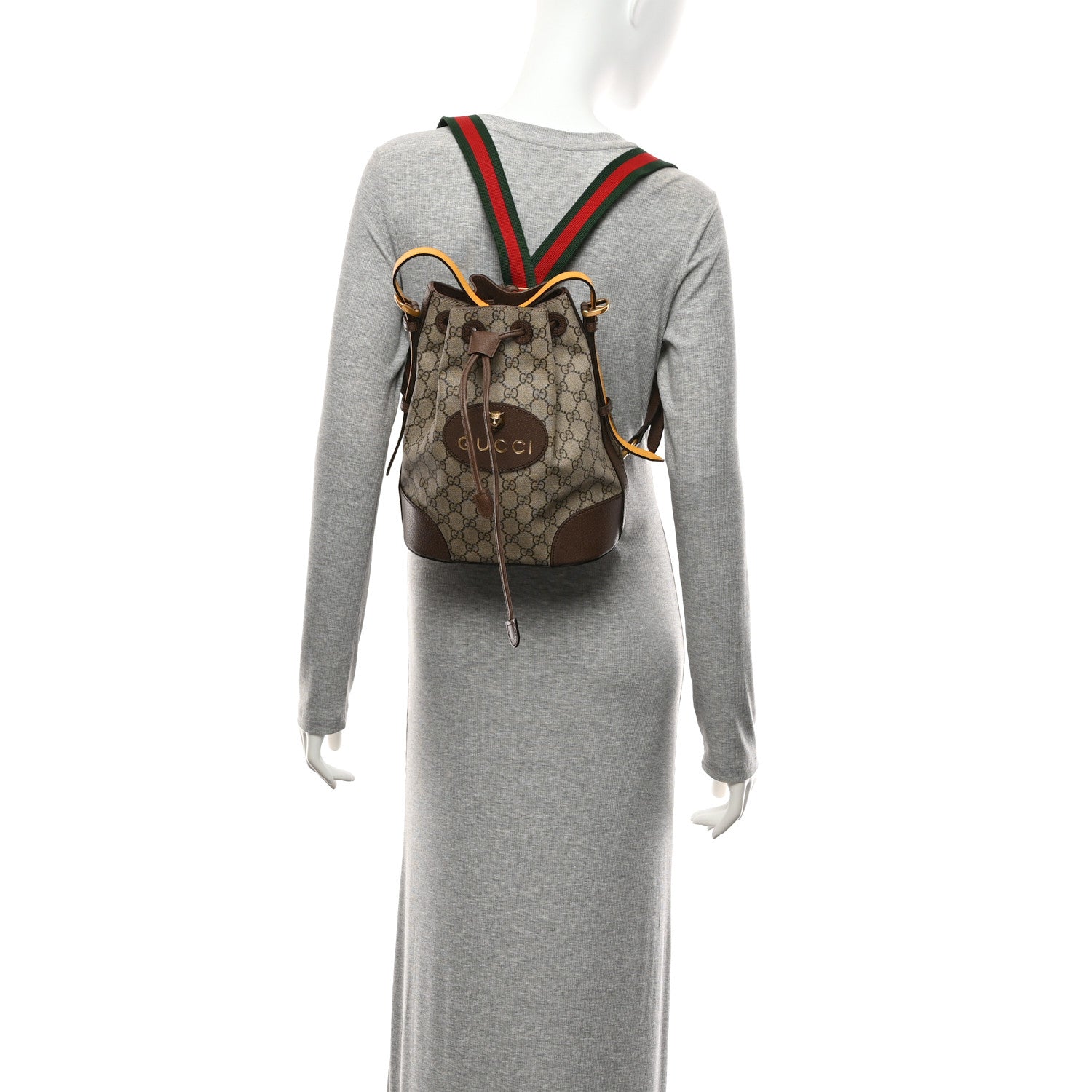 Gucci GG Supreme Monogram Neo Vintage Drawstring Bucket Backpack Beige New Acero Crop 2 of 11