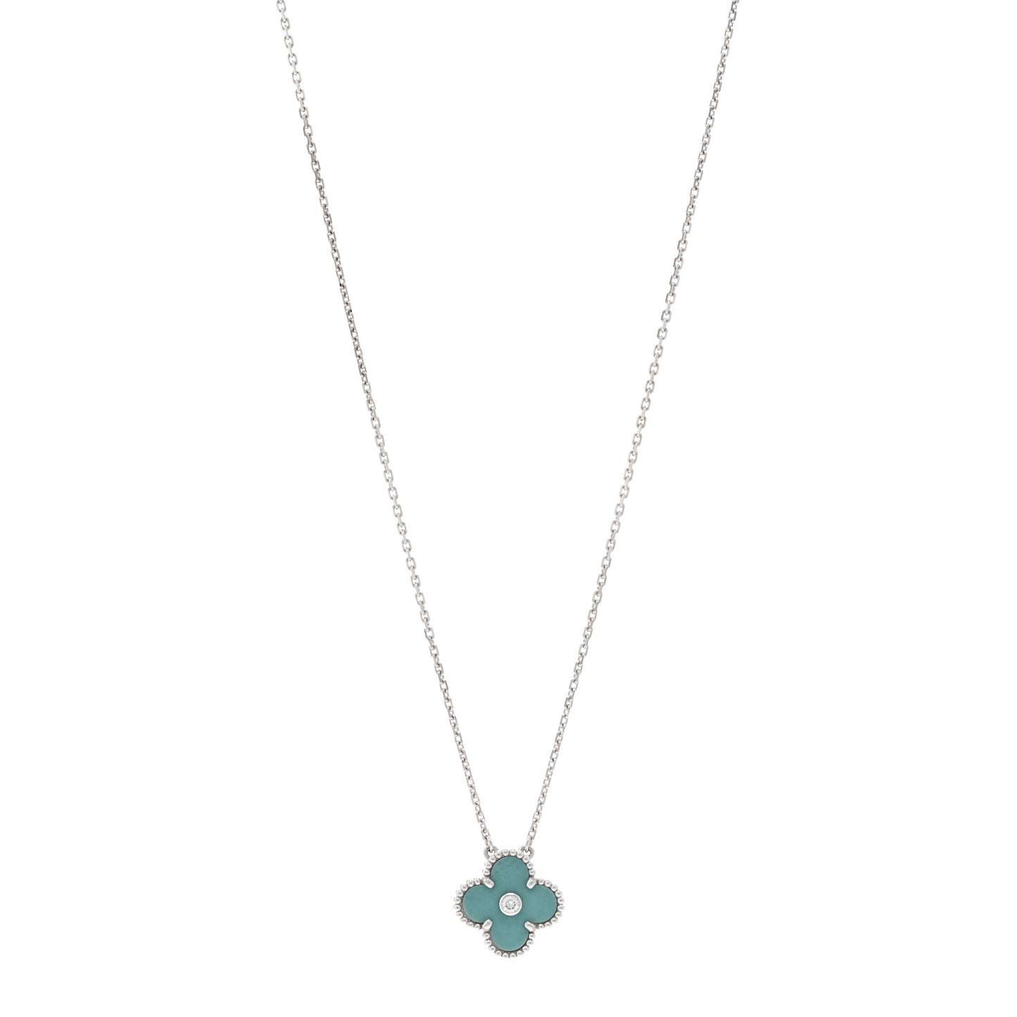 18K White Gold Diamond Celadon Green Sevres Porcelain Vintage Alhambra Pendant Necklace