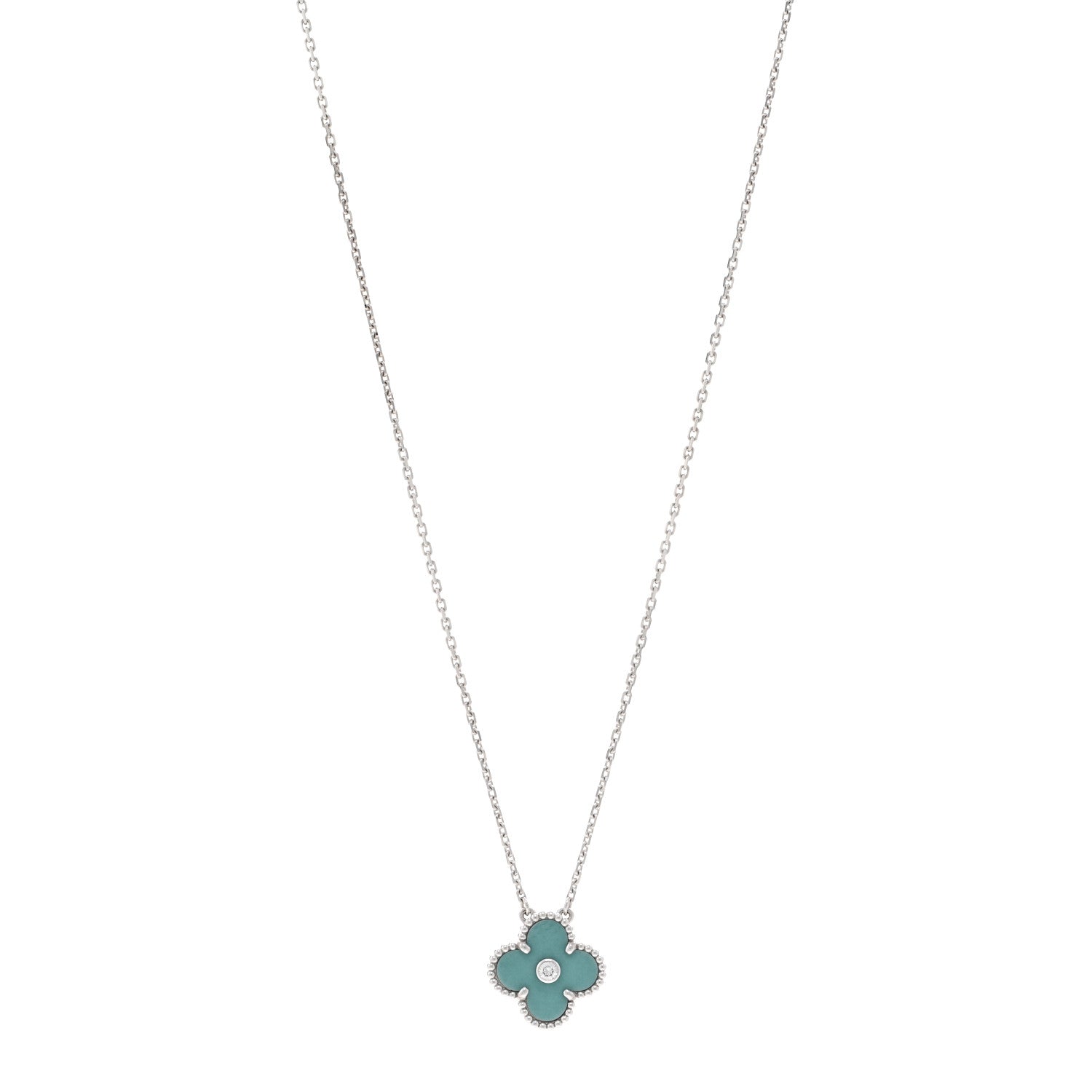 Van Cleef & Arpels 18K White Gold Diamond Celadon Green Sevres Porcelain Vintage Alhambra Pendant Necklace 1 of 6