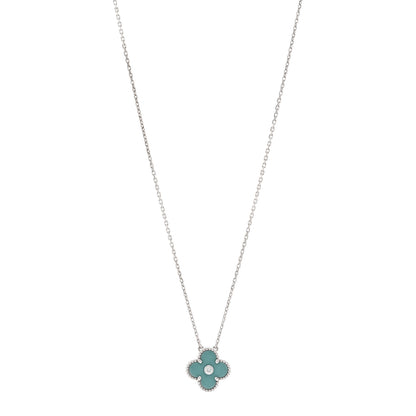 Van Cleef & Arpels 18K White Gold Diamond Celadon Green Sevres Porcelain Vintage Alhambra Pendant Necklace 1 of 6