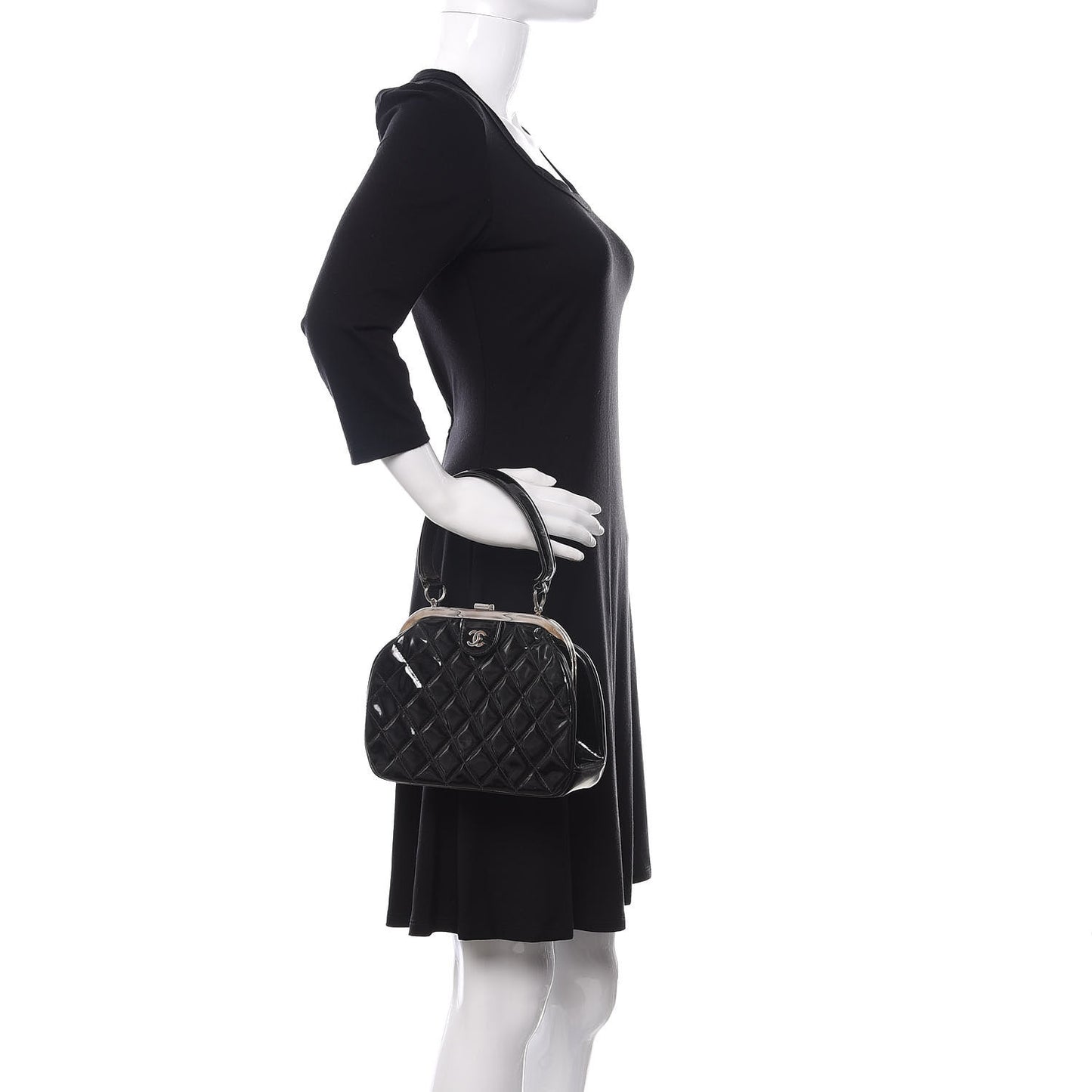 Patent Quilted Kisslock Frame Bag Black