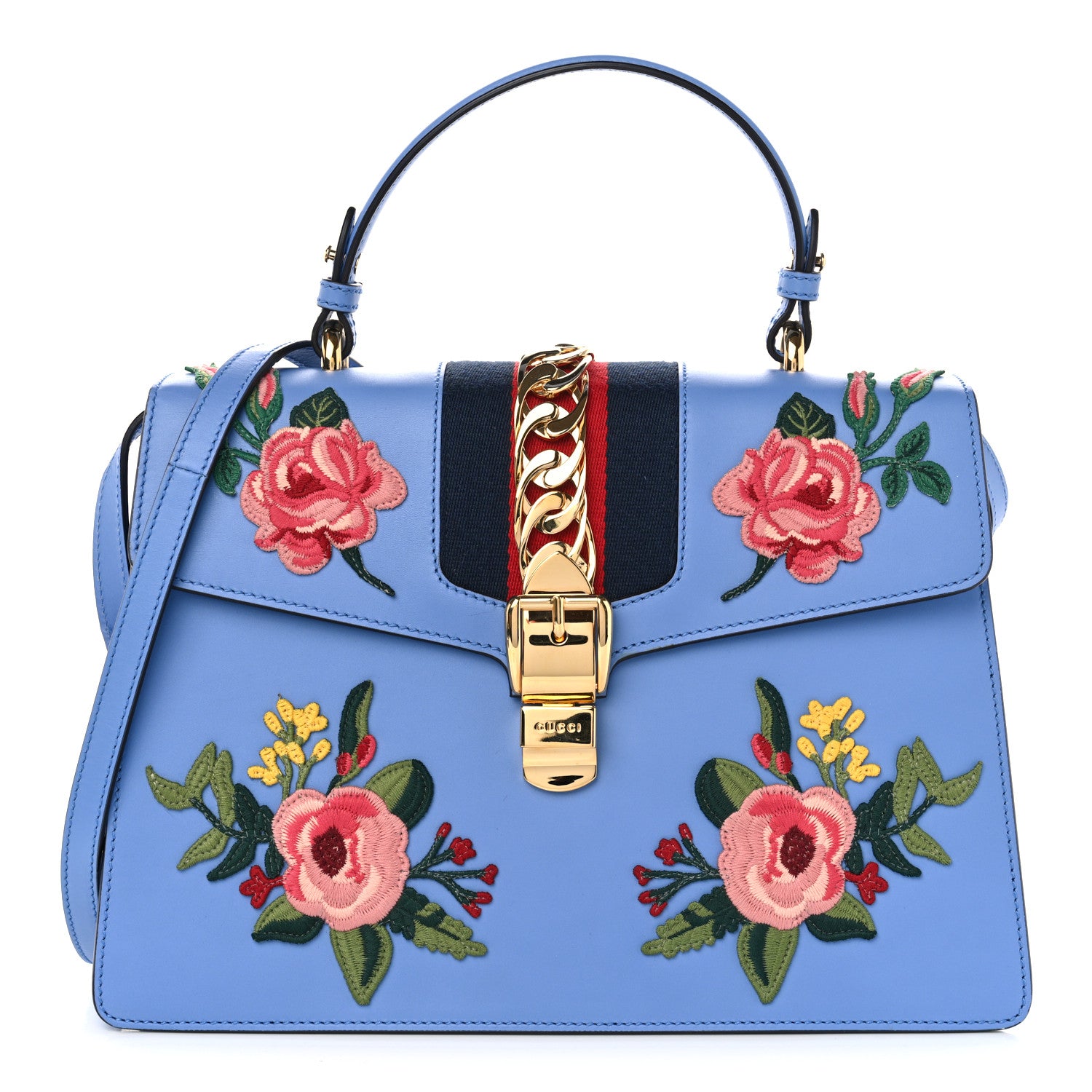 Gucci Calfskin Embroidered Medium Sylvie Top Handle Bag Clear Sky Blue 1 of 10