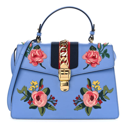 Gucci Calfskin Embroidered Medium Sylvie Top Handle Bag Clear Sky Blue 1 of 10