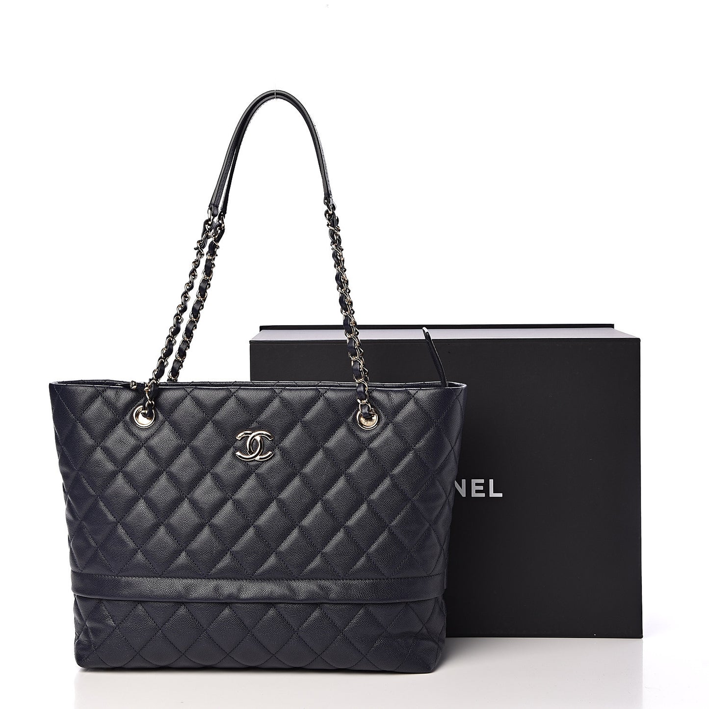 Caviar Quilted Small Zipped Shopping Tote Navy Blue