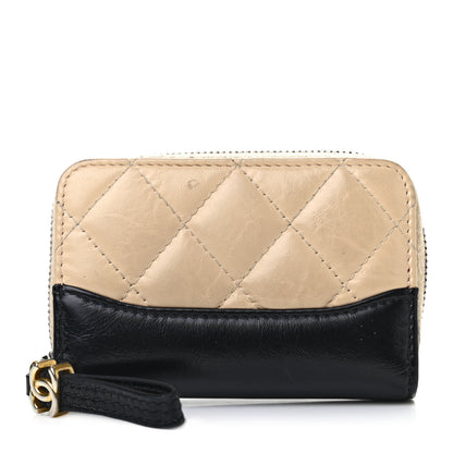 Chanel Aged Calfskin Quilted Gabrielle Zip Around Coin Purse Wallet Beige Black 1 of 12