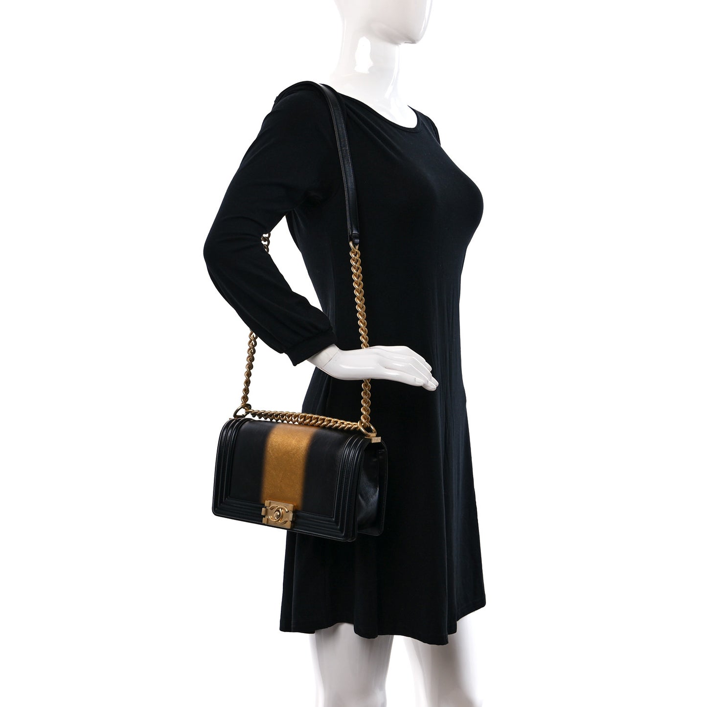 Metallic Glazed Calfskin Medium Boy Flap Black Gold