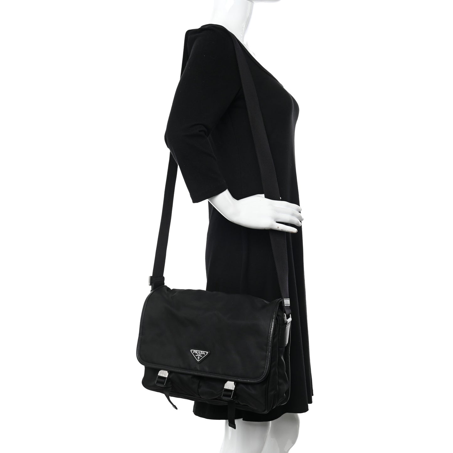 Tessuto Nylon Saffiano Large Double Snap Buckle Messenger Bag Black