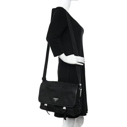 Prada Tessuto Nylon Saffiano Large Double Snap Buckle Messenger Bag Black 2 of 11