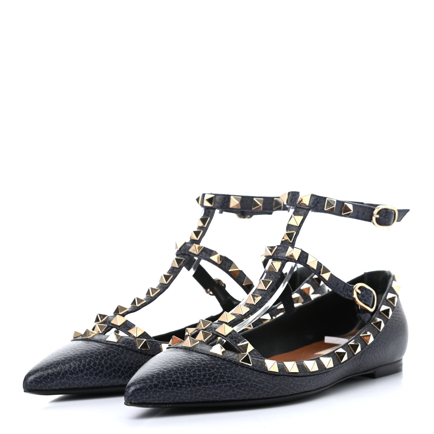 Valentino Garavani Pebbled Calfskin Rockstud Cage Ballerina Flats 35.5 Deep Denim 3 of 8