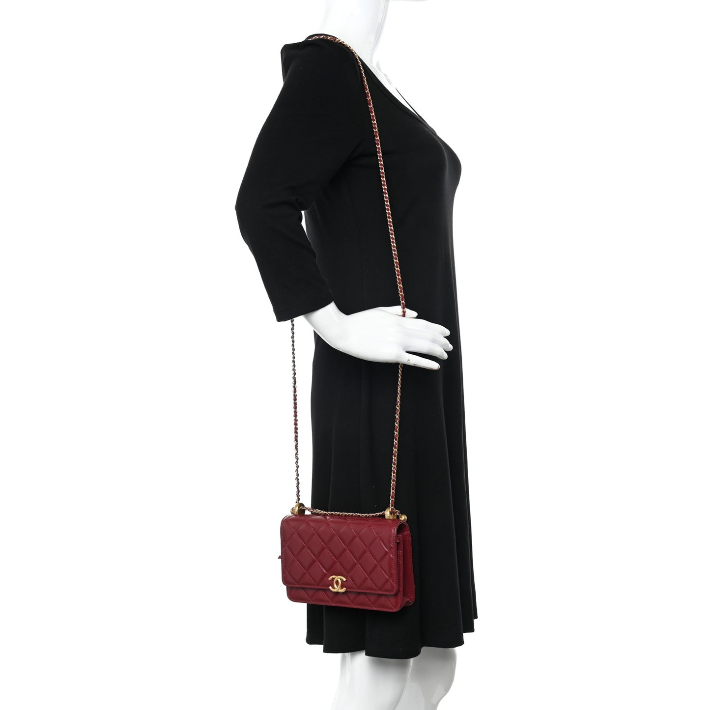 Calfskin Quilted Perfect FIt Wallet On Chain WOC Burgundy