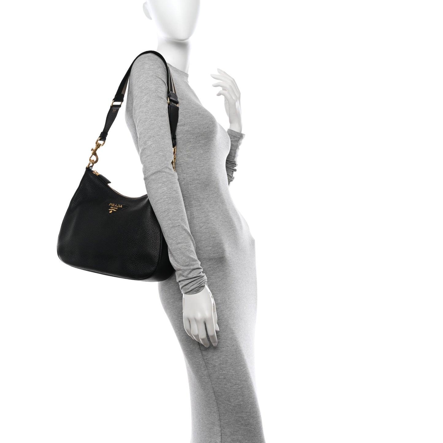 Vitello Daino Soft Zippered Hobo Shoulder Bag Black
