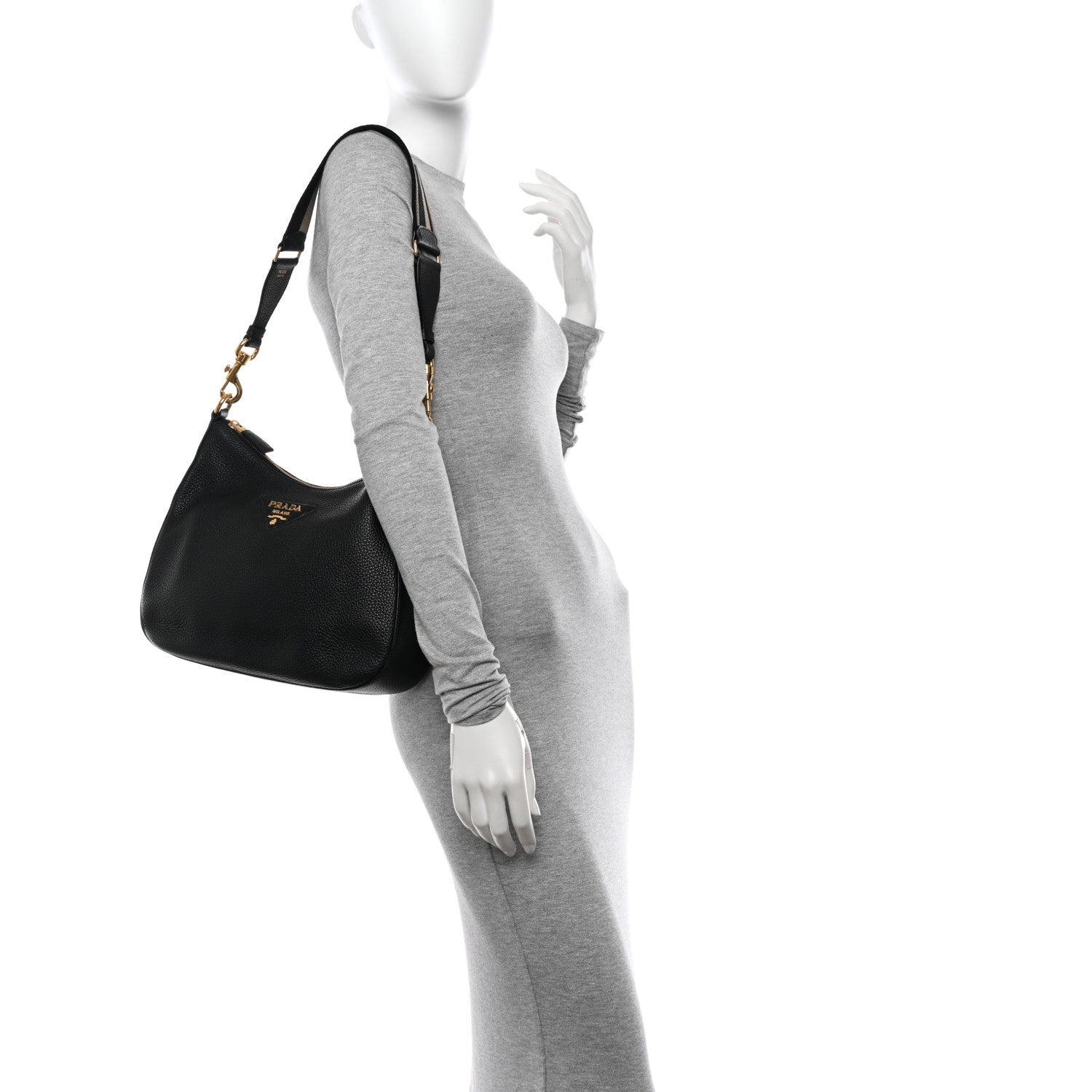 Prada Vitello Daino Soft Zippered Hobo Shoulder Bag Black 2 of 11