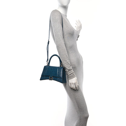 Balenciaga Shiny Calfskin Crocodile Embossed Small Hourglass Top Handle Bag Dark Petrol Blue 2 of 10