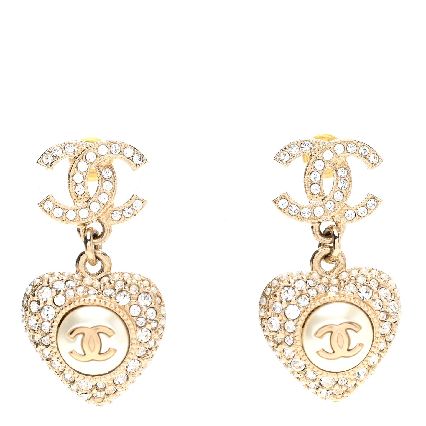 Pearl Crystal CC Heart Drop Earrings Gold White