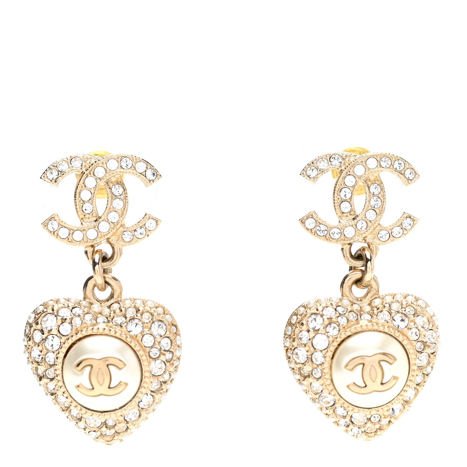 Chanel Pearl Crystal CC Heart Drop Earrings Gold White 1 of 4