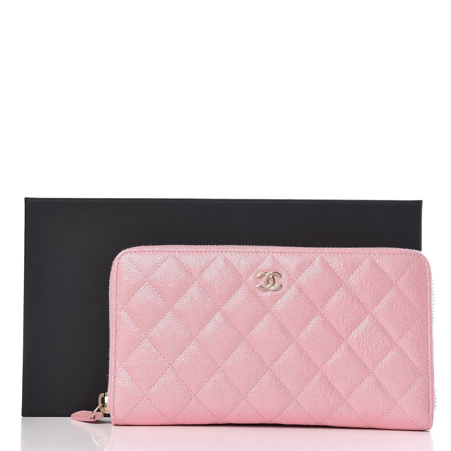 Iridescent Caviar Quilted Large Zip Around Organizer Wallet Pink