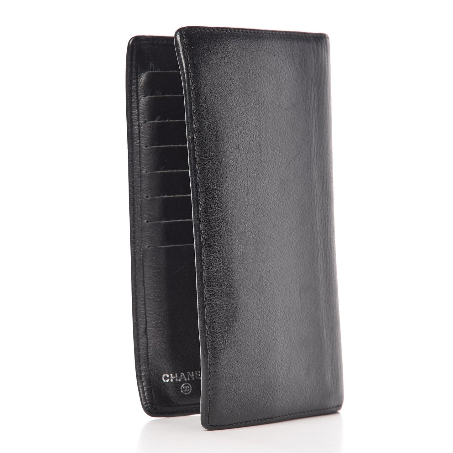 Goatskin Camellia Embossed Yen Wallet Black