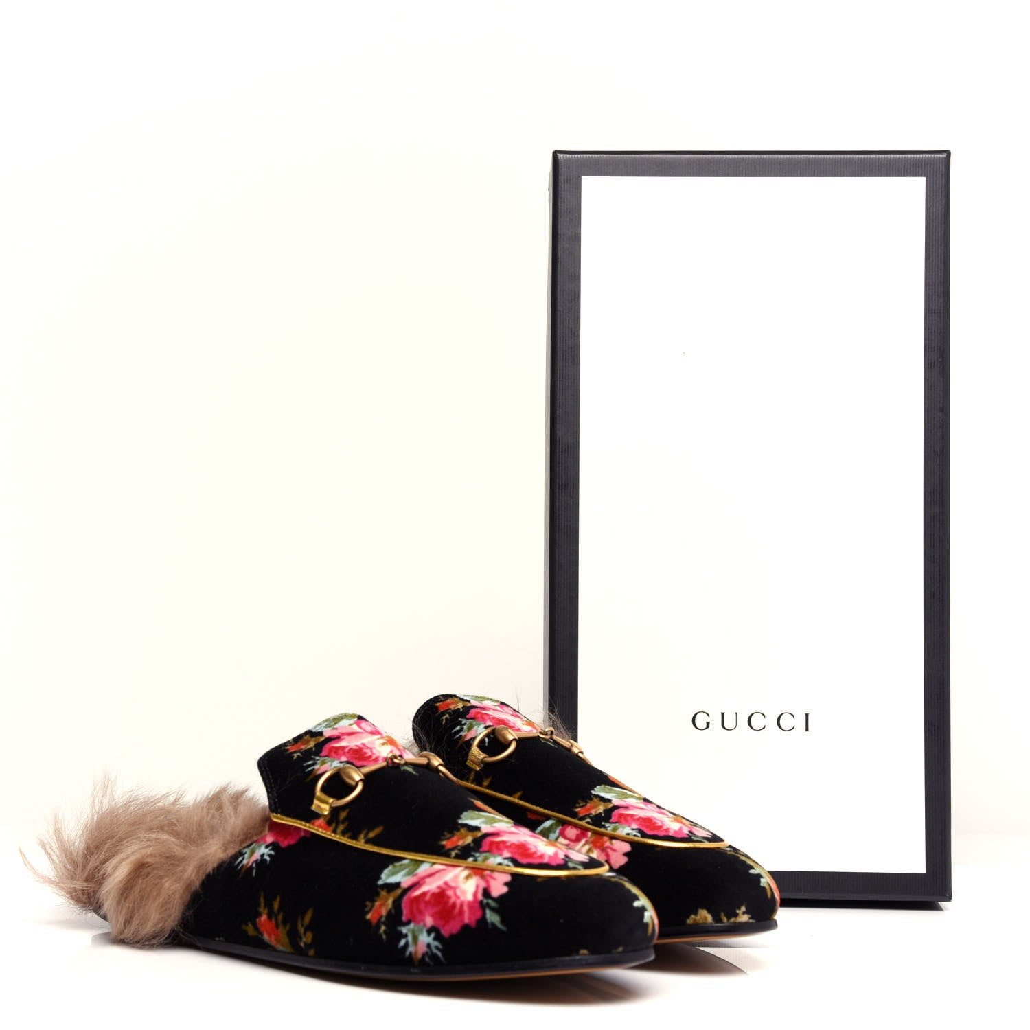 Gucci Velvet Fur Floral Womens Princetown Slippers 41.5 Black 10 of 10