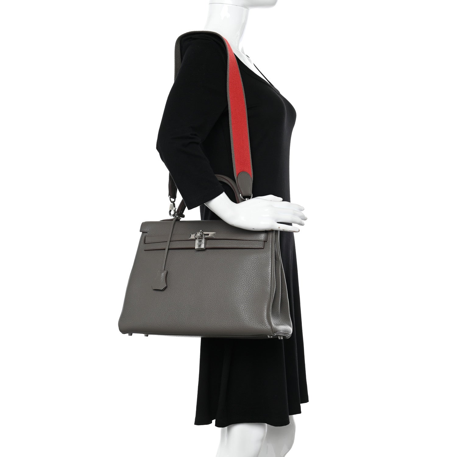 Hermes Taurillon Clemence Kelly Retourne 35 Etain Rouge Casaque 3 of 14