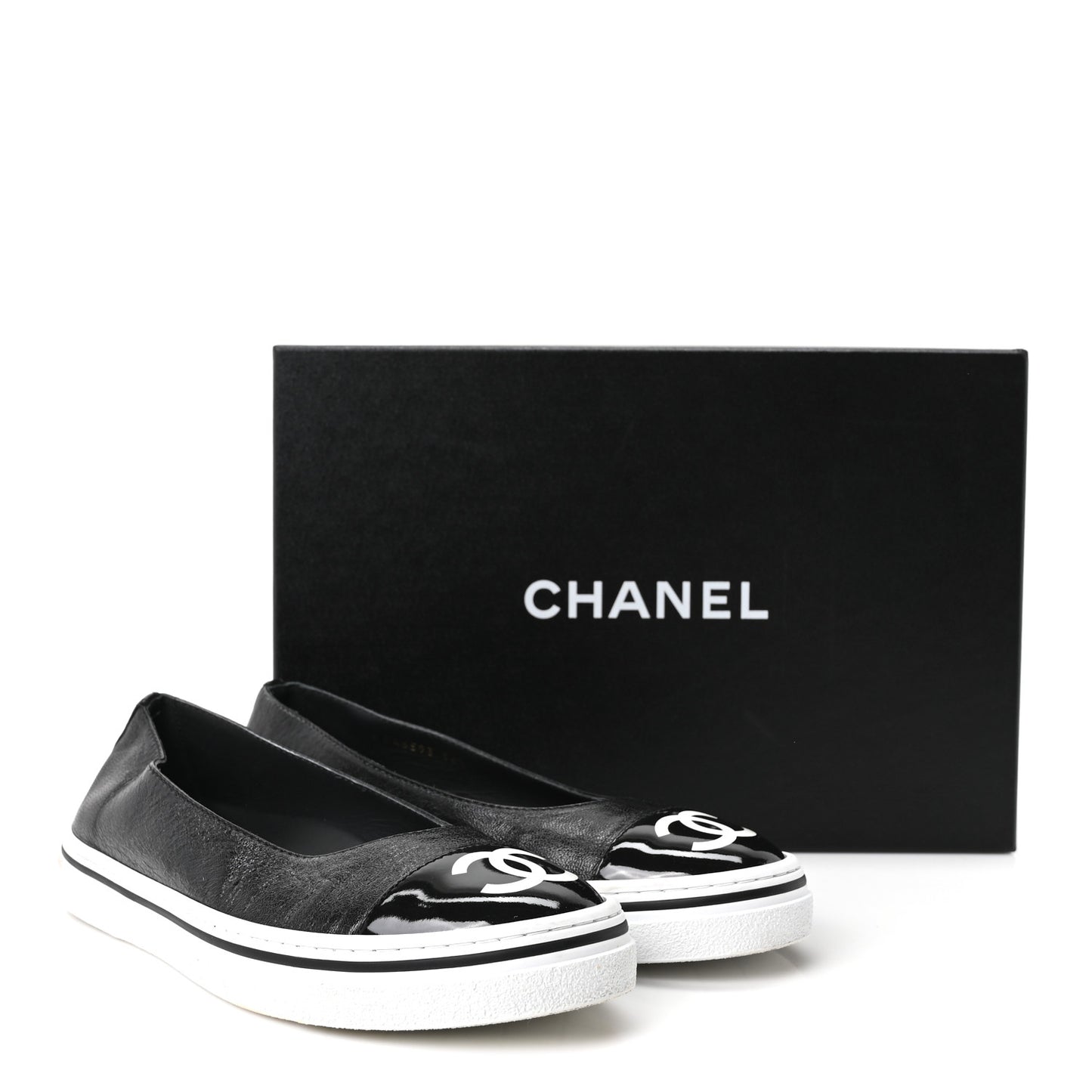 Crumpled Shiny Lambskin Patent Calfskin CC Ballet Flats 36.5 Black
