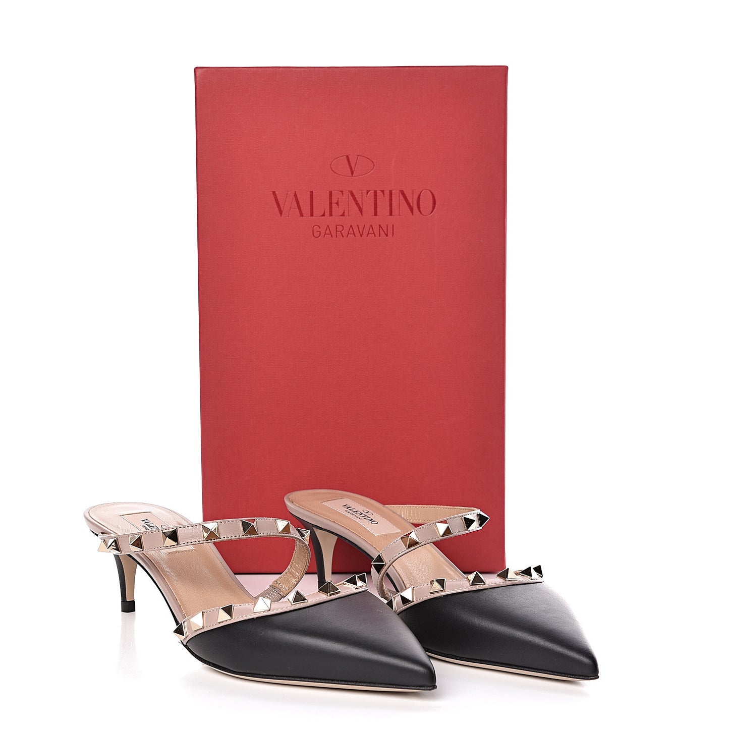 Calfskin Nappa Rockstud Cross Strap 50mm Mules 37 Black Poudre