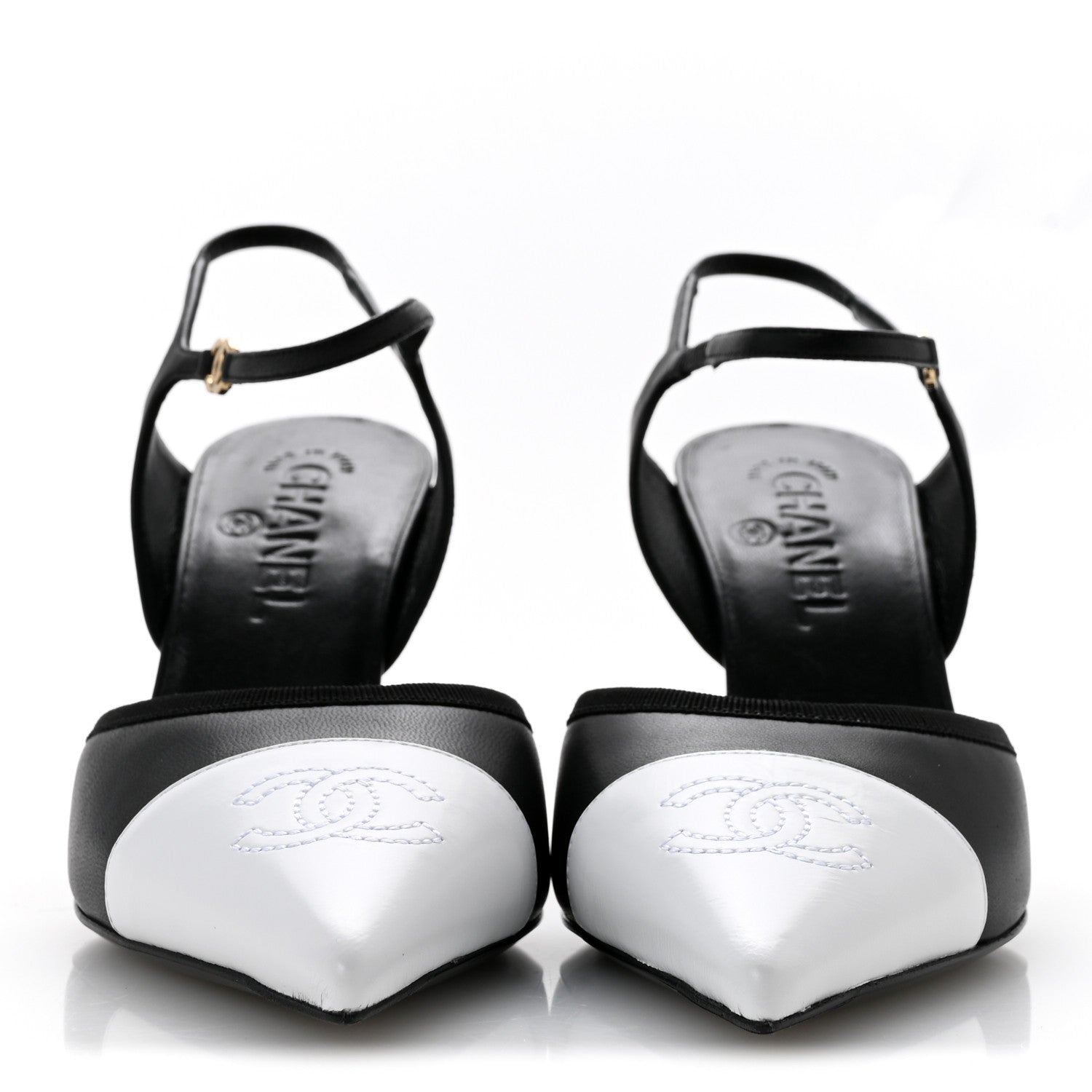 Chanel Lambskin Pointed Cap Toe CC Slingback Pumps 38 Black White 3 of 10