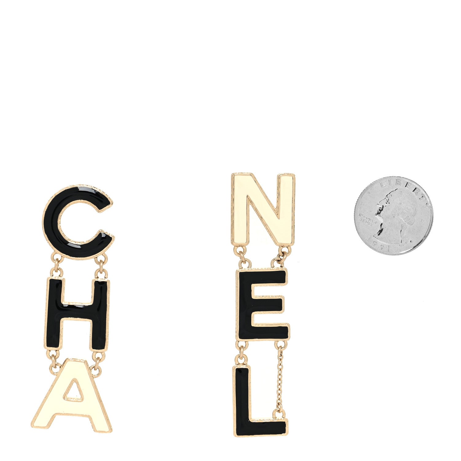 Chanel Metal Enamel Cha-Nel Logo Drop Earrings Black White 2 of 4