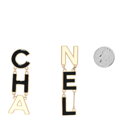 Chanel Metal Enamel Cha-Nel Logo Drop Earrings Black White 2 of 4