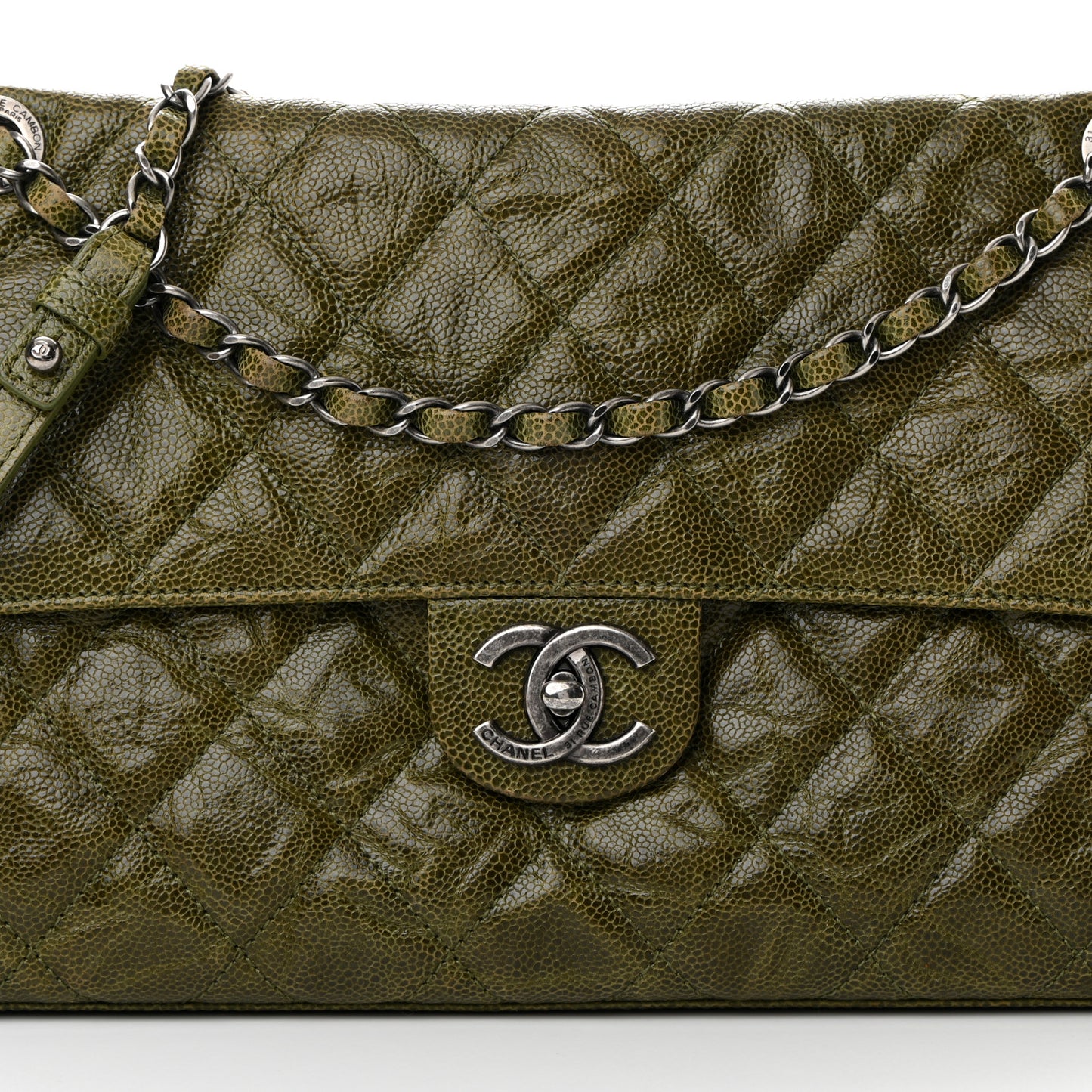 Crumpled Grained Calfskin Jumbo CC Crave Flap Green