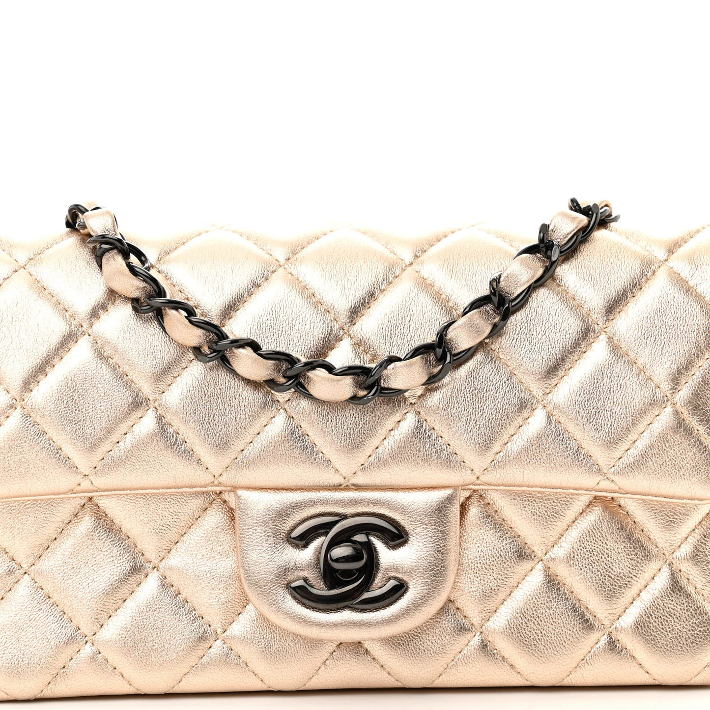 Metallic Lambskin Quilted Mini Rectangular Flap Gold Black