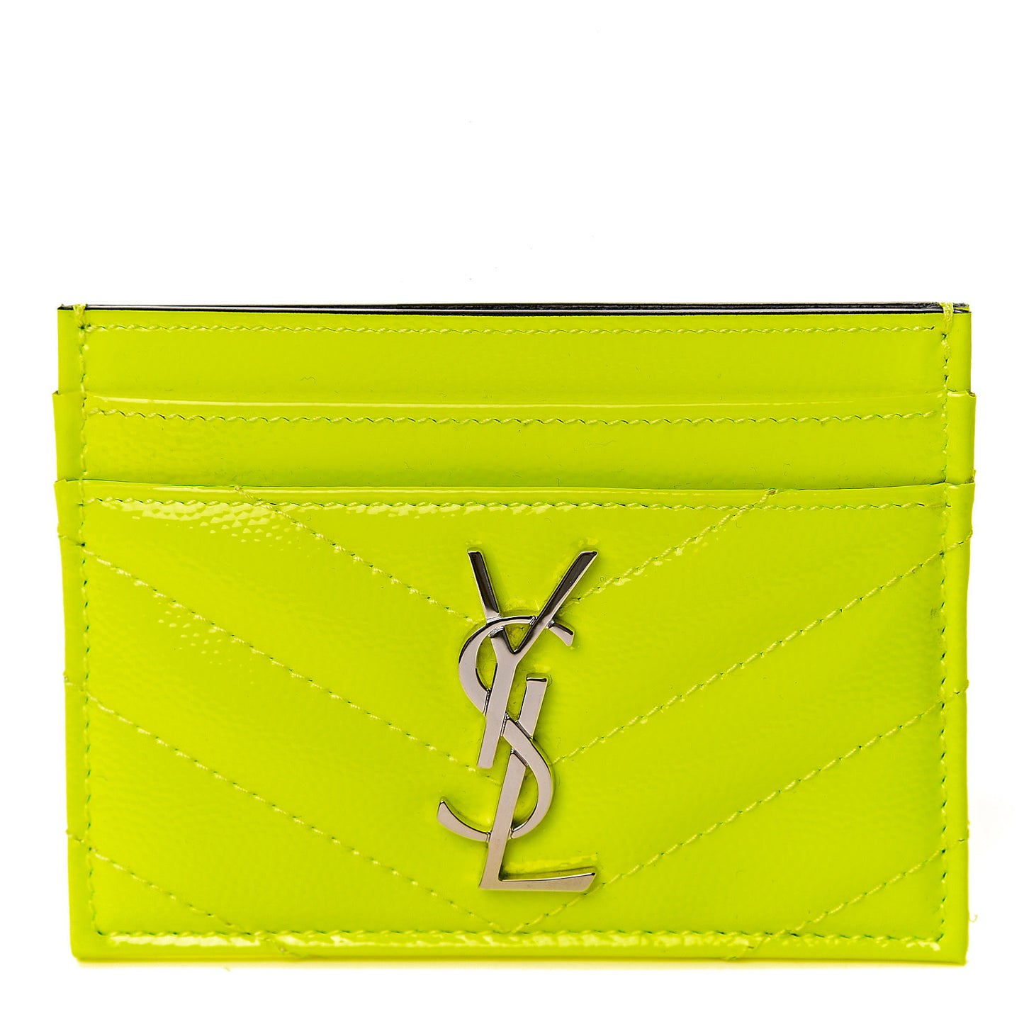 Patent Grain De Poudre Matelasse Chevron Monogram Credit Card Case Neon Yellow