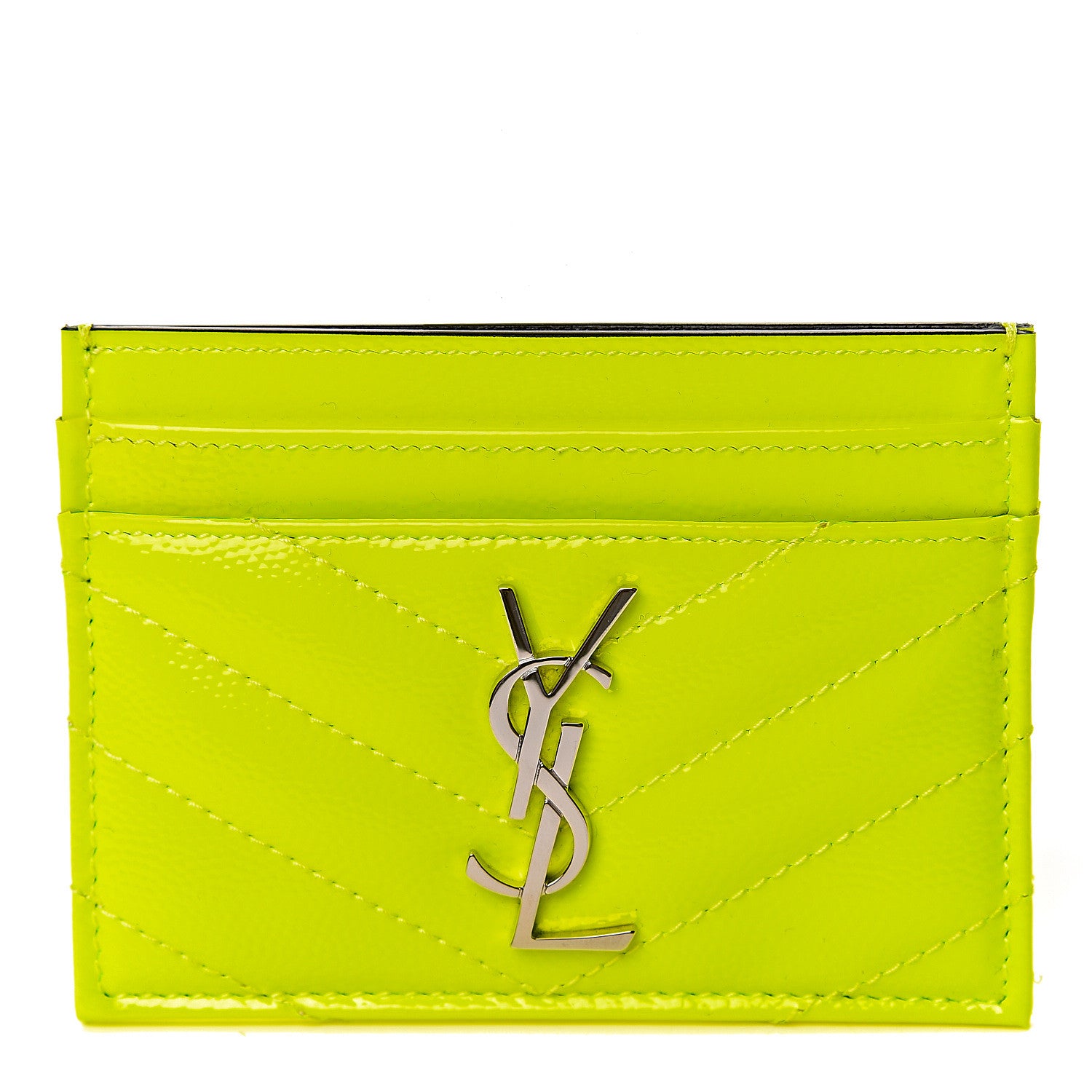 Saint Laurent Patent Grain De Poudre Matelasse Chevron Monogram Credit Card Case Neon Yellow 1 of 9