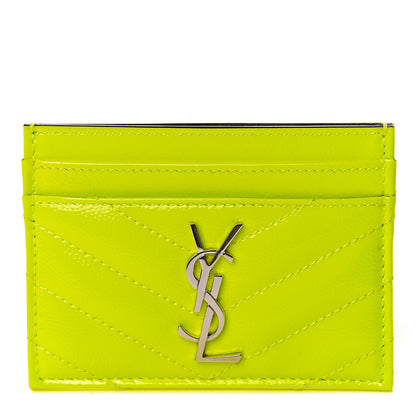 Saint Laurent Patent Grain De Poudre Matelasse Chevron Monogram Credit Card Case Neon Yellow 1 of 9