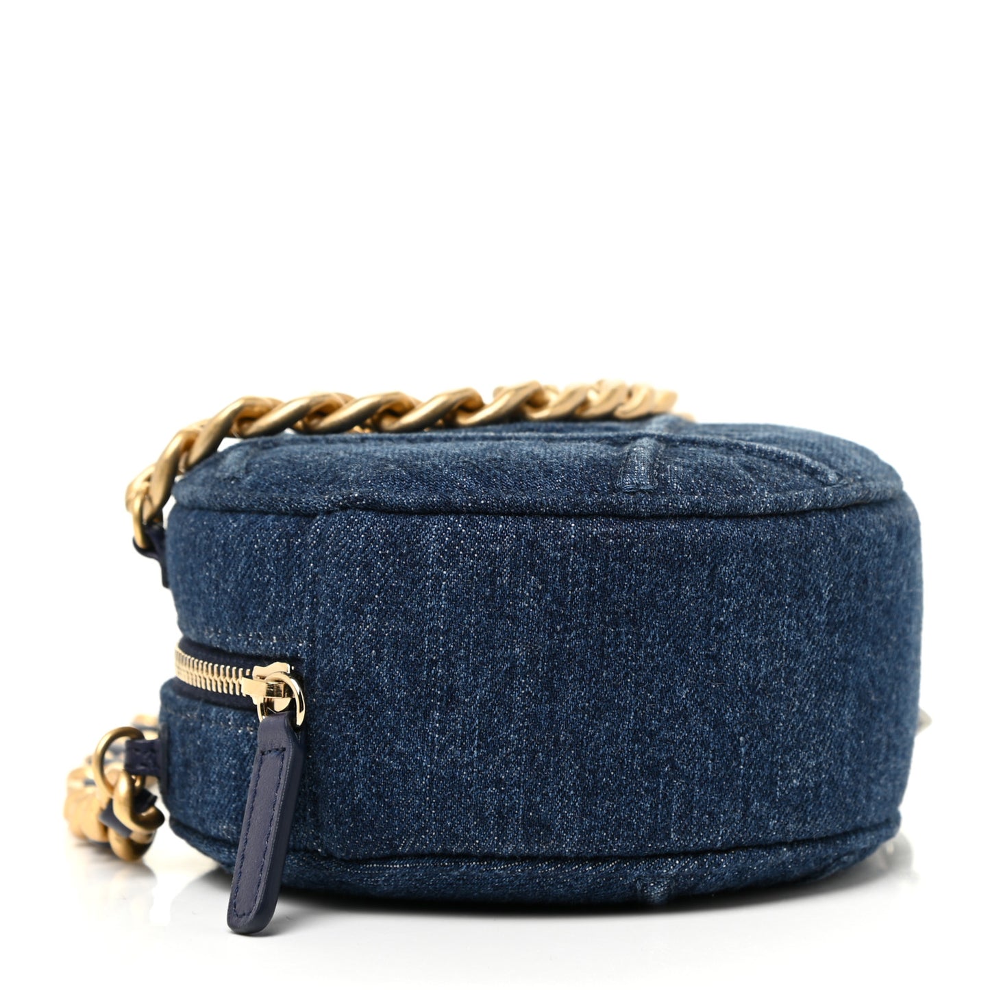 Denim Quilted Chanel 19 Round Clutch With Chain Blue