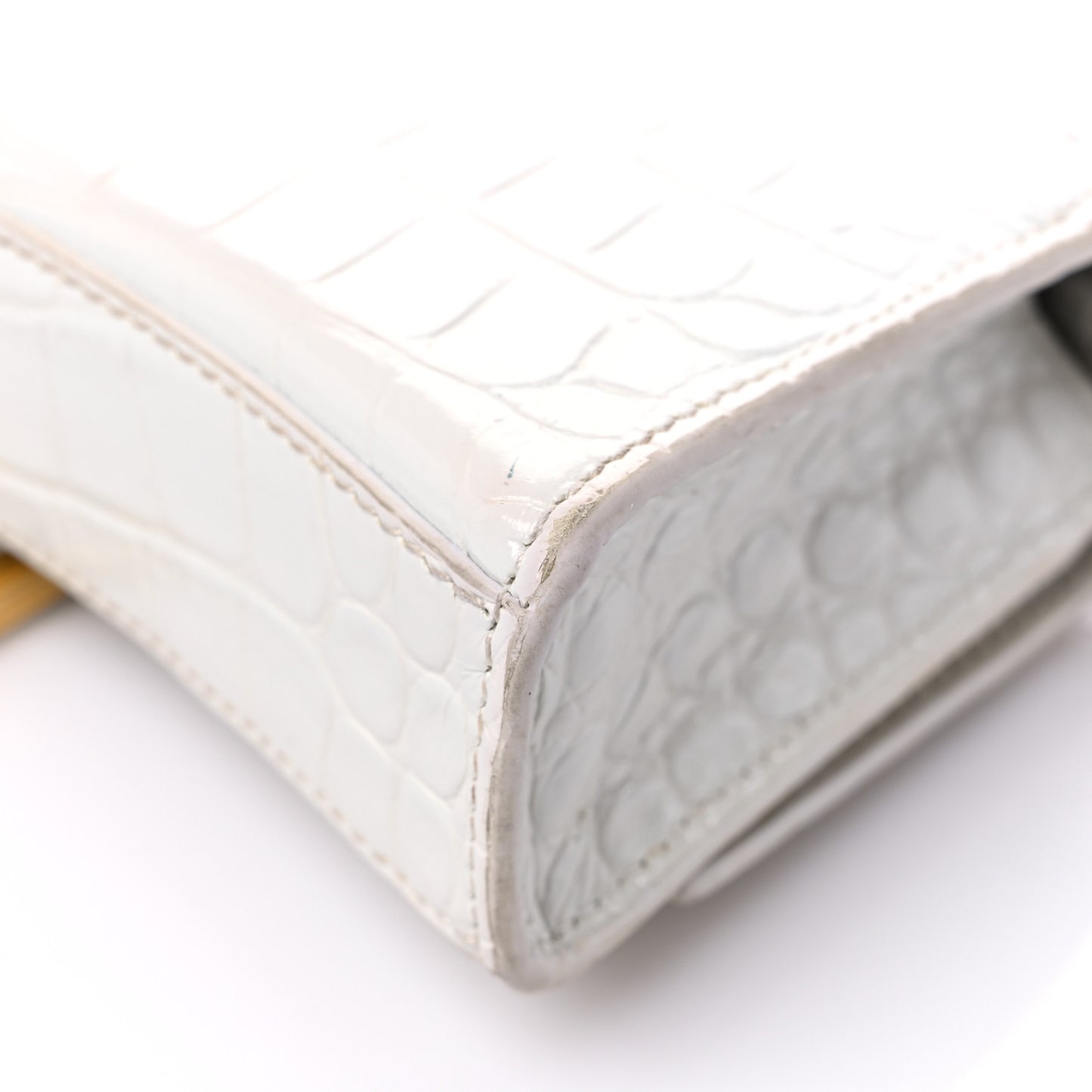 Shiny Calfskin Crocodile Embossed Hourglass Chain Bag White