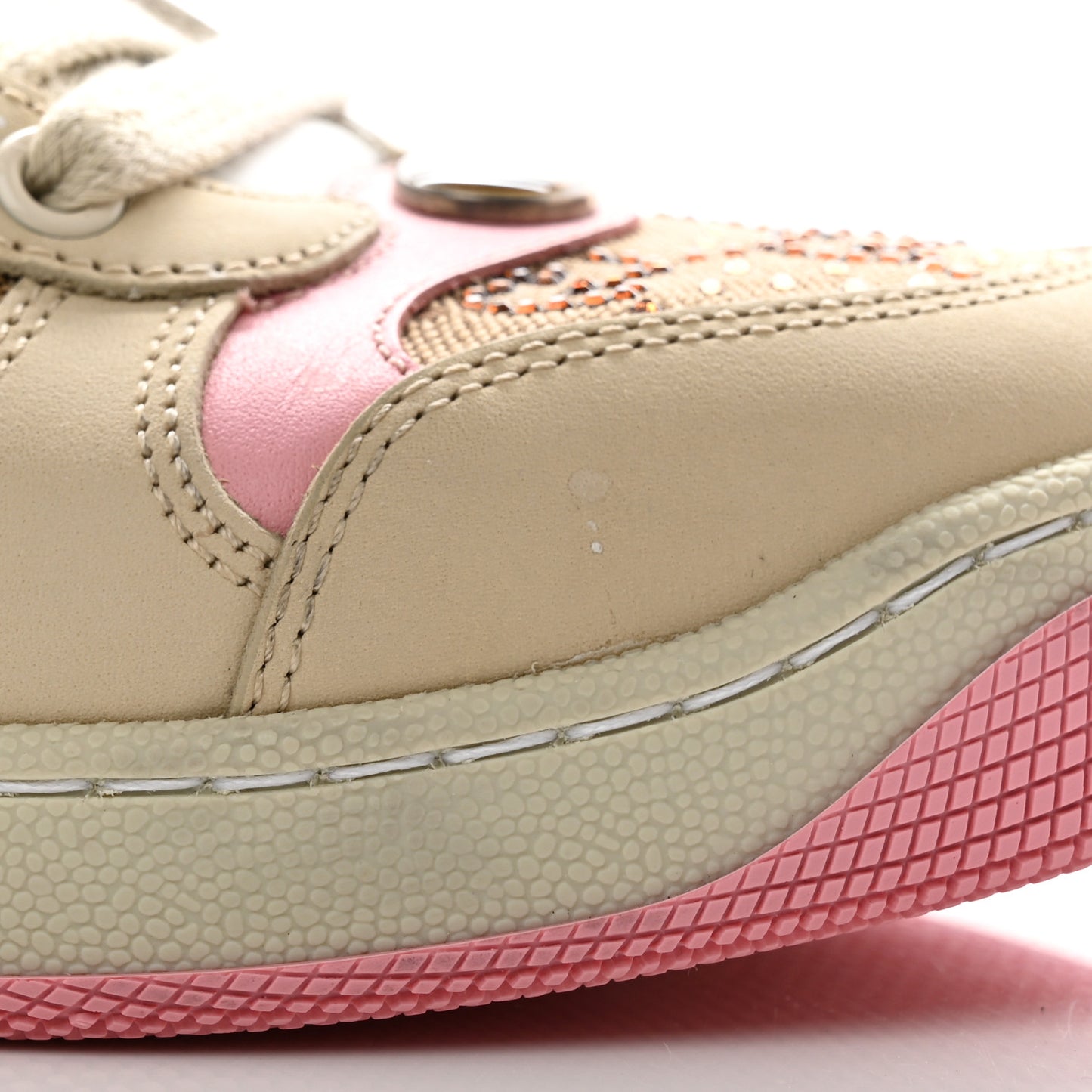 New GG Monogram Nubuck Web Crystal Embellished Womens Screener Sneakers 37 Camel Ebony Wild Rose
