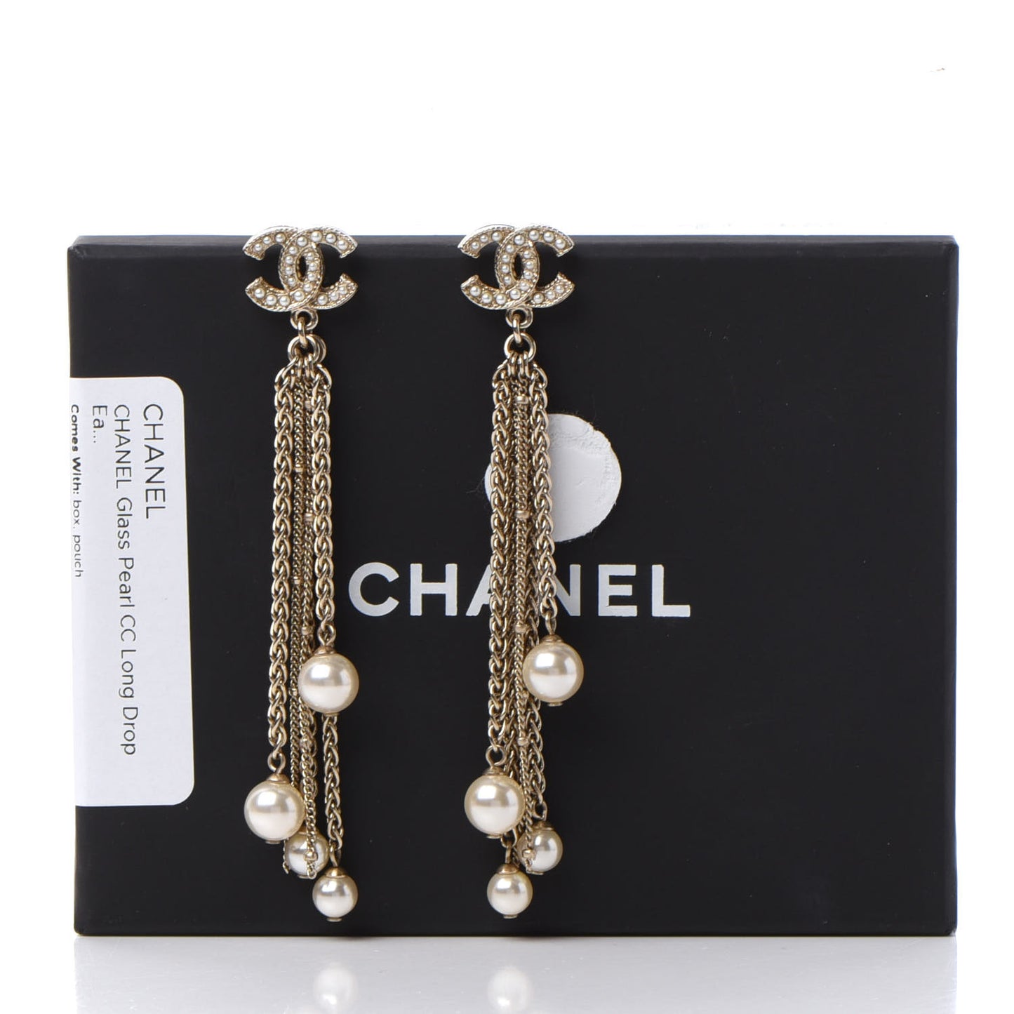 Glass Pearl CC Long Drop Earrings Gold