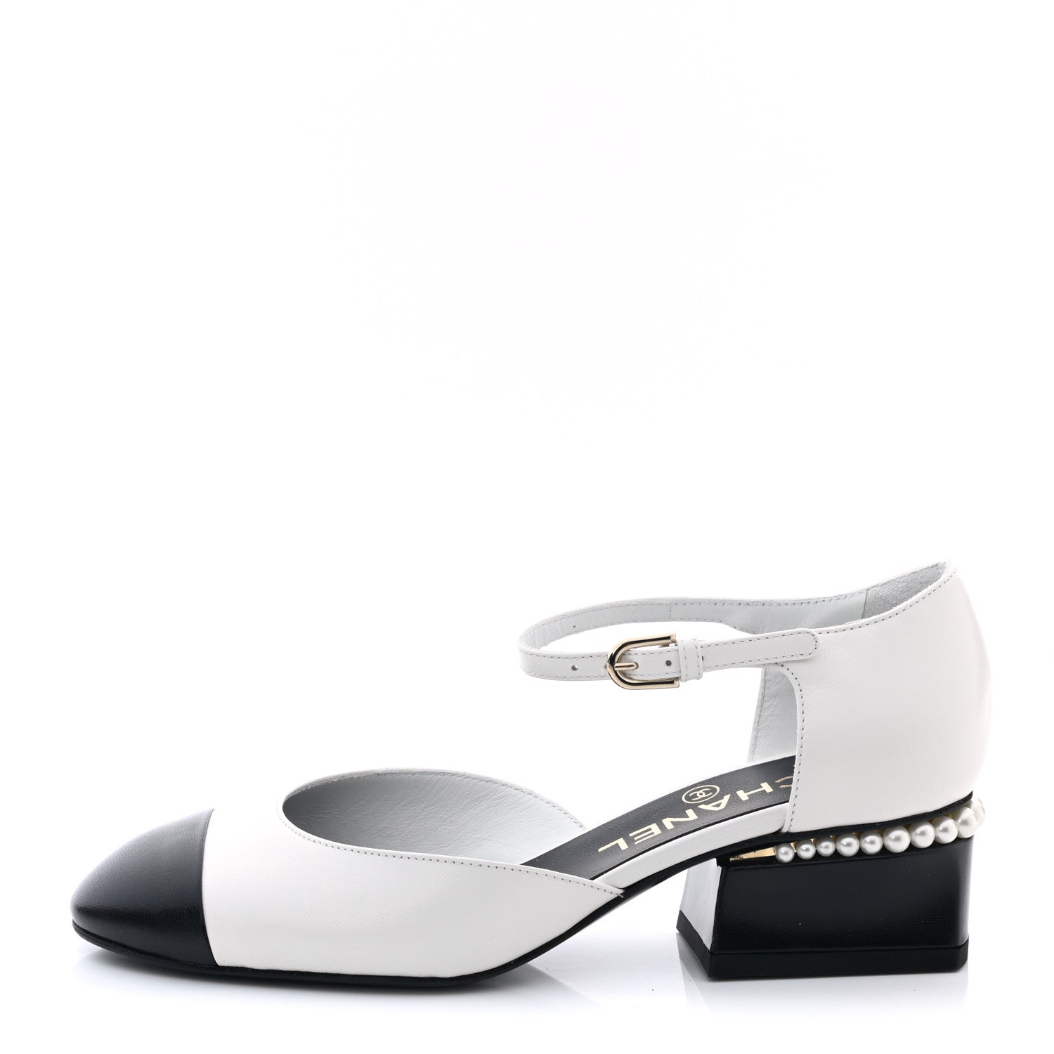 Chanel Shiny Goatskin Pearl Mary Jane Flats 35 White Black 1 of 9