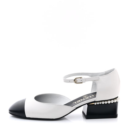 Chanel Shiny Goatskin Pearl Mary Jane Flats 35 White Black 1 of 9