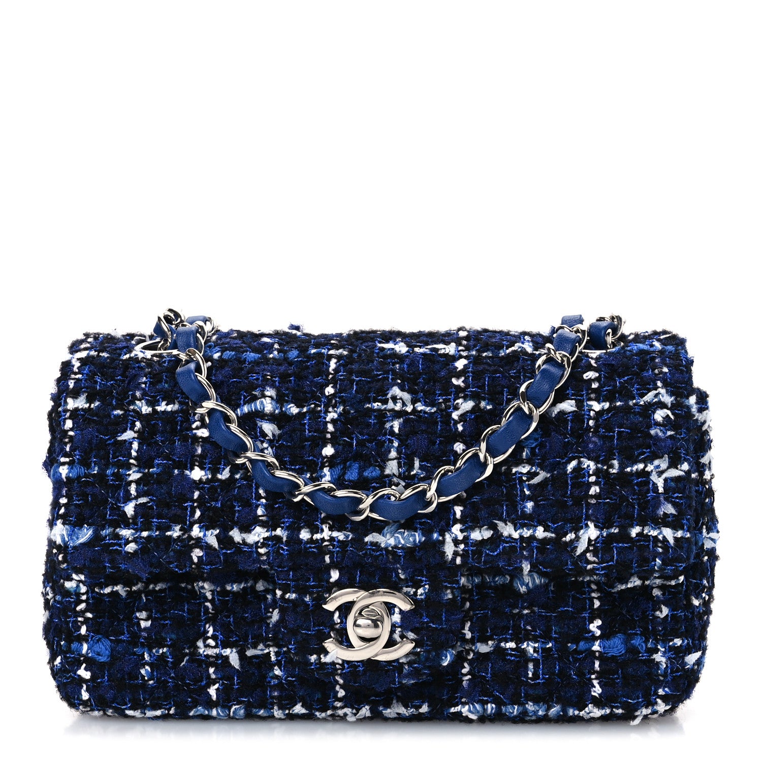 Chanel Tweed Quilted Mini Rectangular Flap Navy Blue Ecru 1 of 11