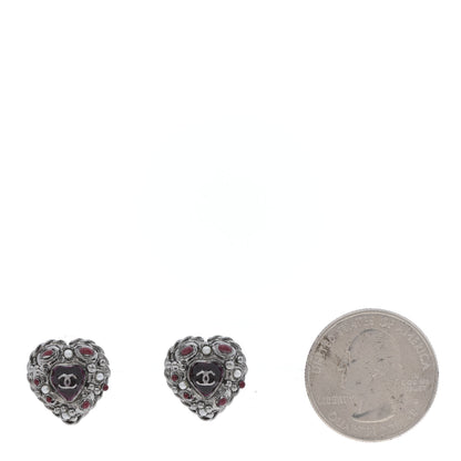 Chanel Pearl Enamel Heart CC Earrings Black Silver 2 of 4