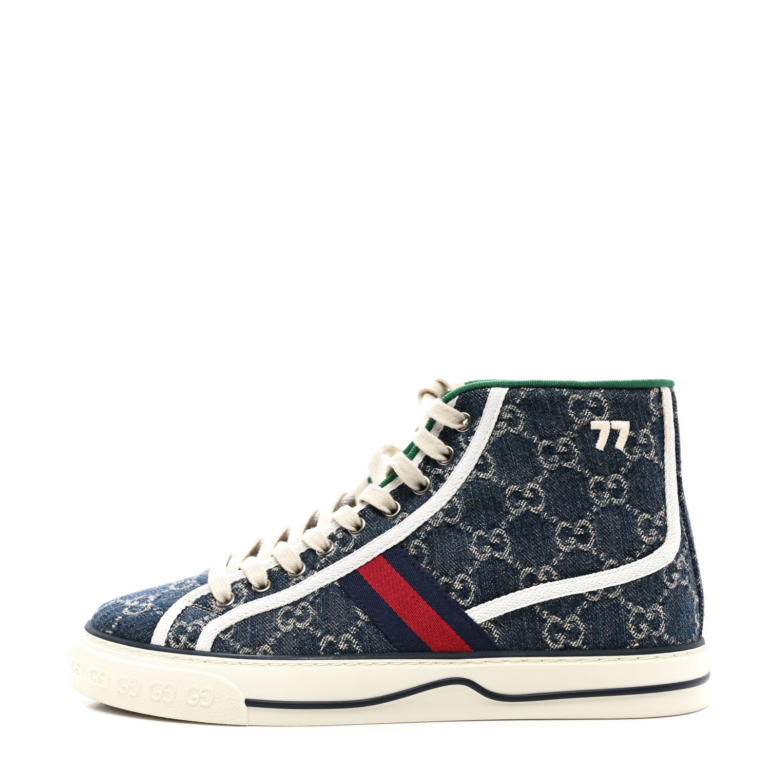 Gucci New Denim GG Monogram Web Womens 1977 Tennis High Top Sneakers 7.5 Blue Tea Mystic White 1 of 8
