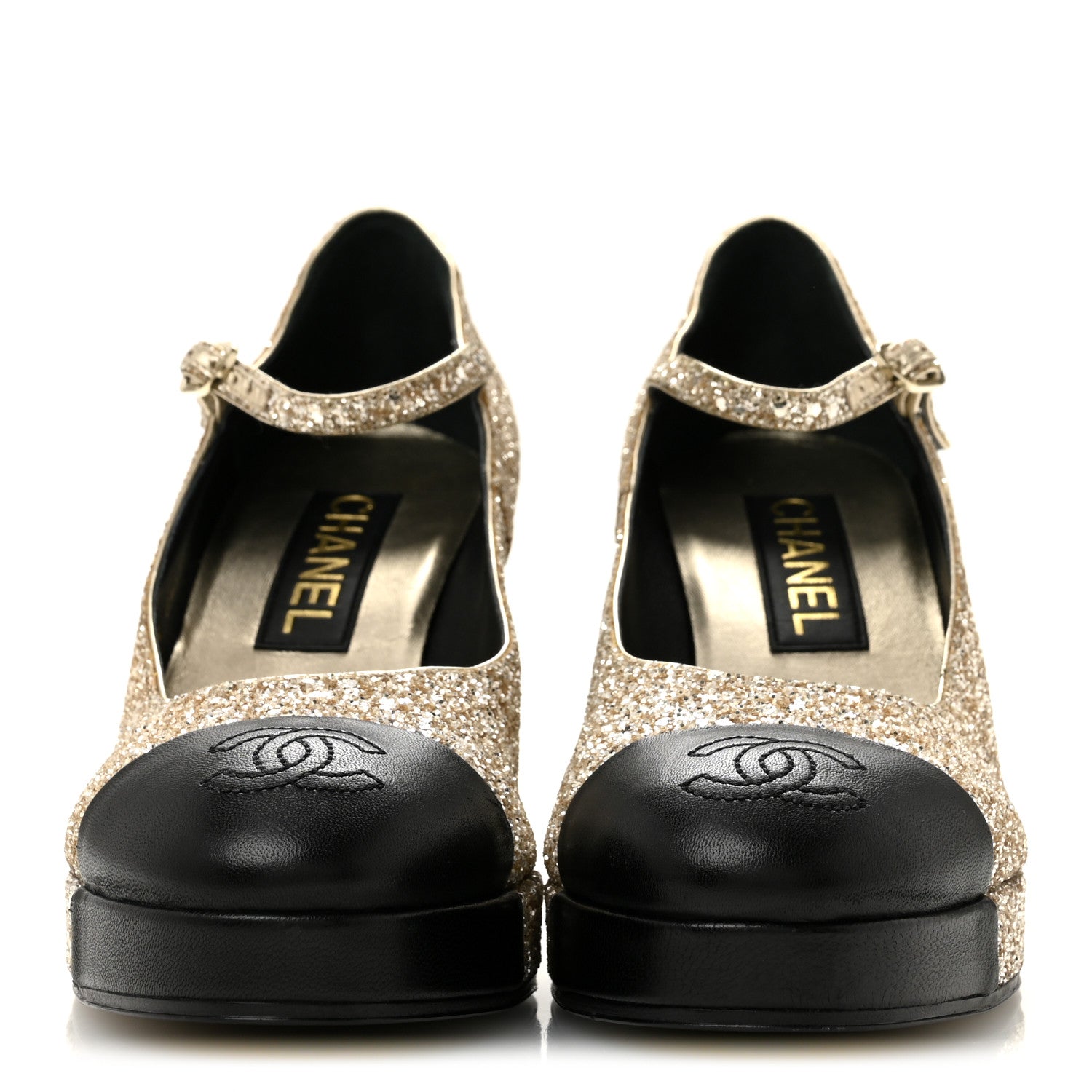 Chanel Glitter Lambskin Cap Toe CC Mary Jane Pumps 38 Light Gold