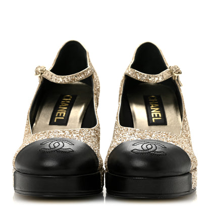 Chanel Glitter Lambskin Cap Toe CC Mary Jane Pumps 38 Light Gold Black 3 of 10