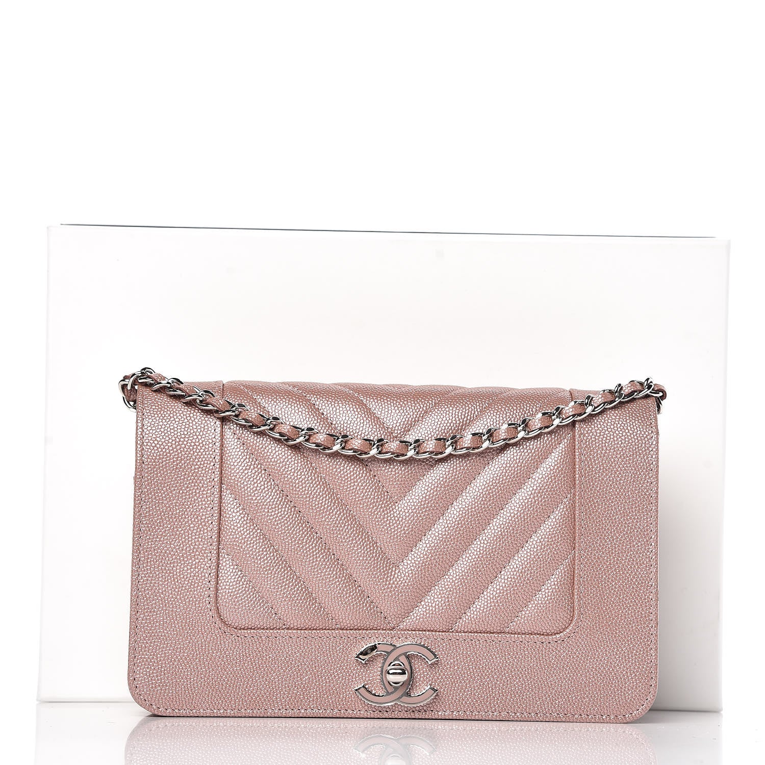 Chanel Metallic Caviar Chevron Quilted Vintage Mademoiselle Wallet On Chain WOC Pink 9 of 9