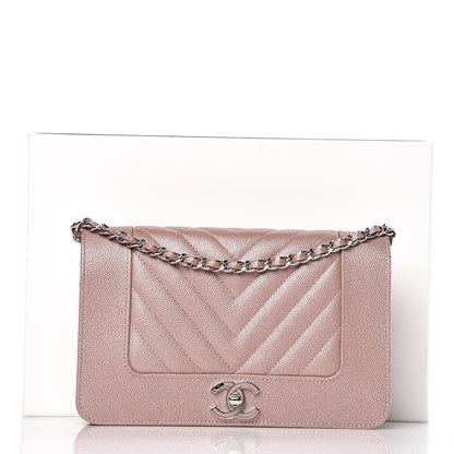 Chanel Metallic Caviar Chevron Quilted Vintage Mademoiselle Wallet On Chain WOC Pink 9 of 9